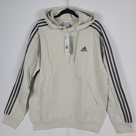 NEW Adidas Men's 3-Stripes Hoodie Hooded Sweatshirt Pullover In Ivory/Grey Sz L - Picture 1 of 5